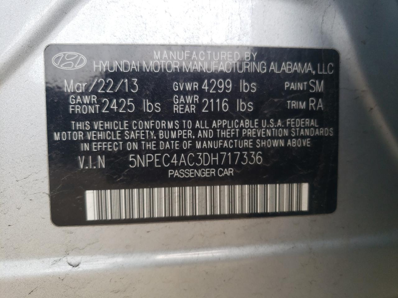 Photo 10 from auction – 2013 HYUNDAI SONATA SE with VIN 5NPEC4AC3DH717336