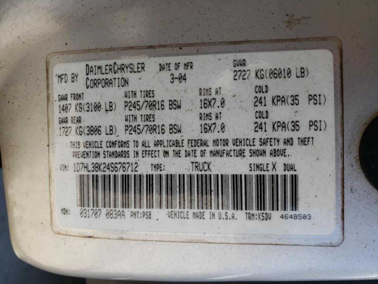 Photo 10 from auction – 2004 DODGE DAKOTA QUA with VIN 1D7HL38K24S676712