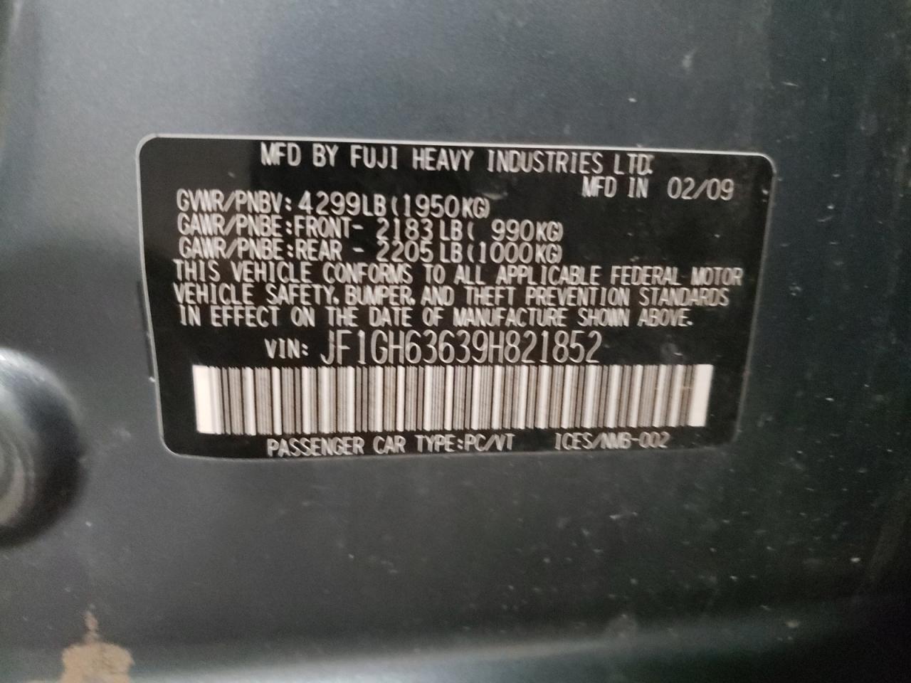 Photo 10 from auction – 2009 SUBARU IMPREZA OU with VIN JF1GH63639H821852