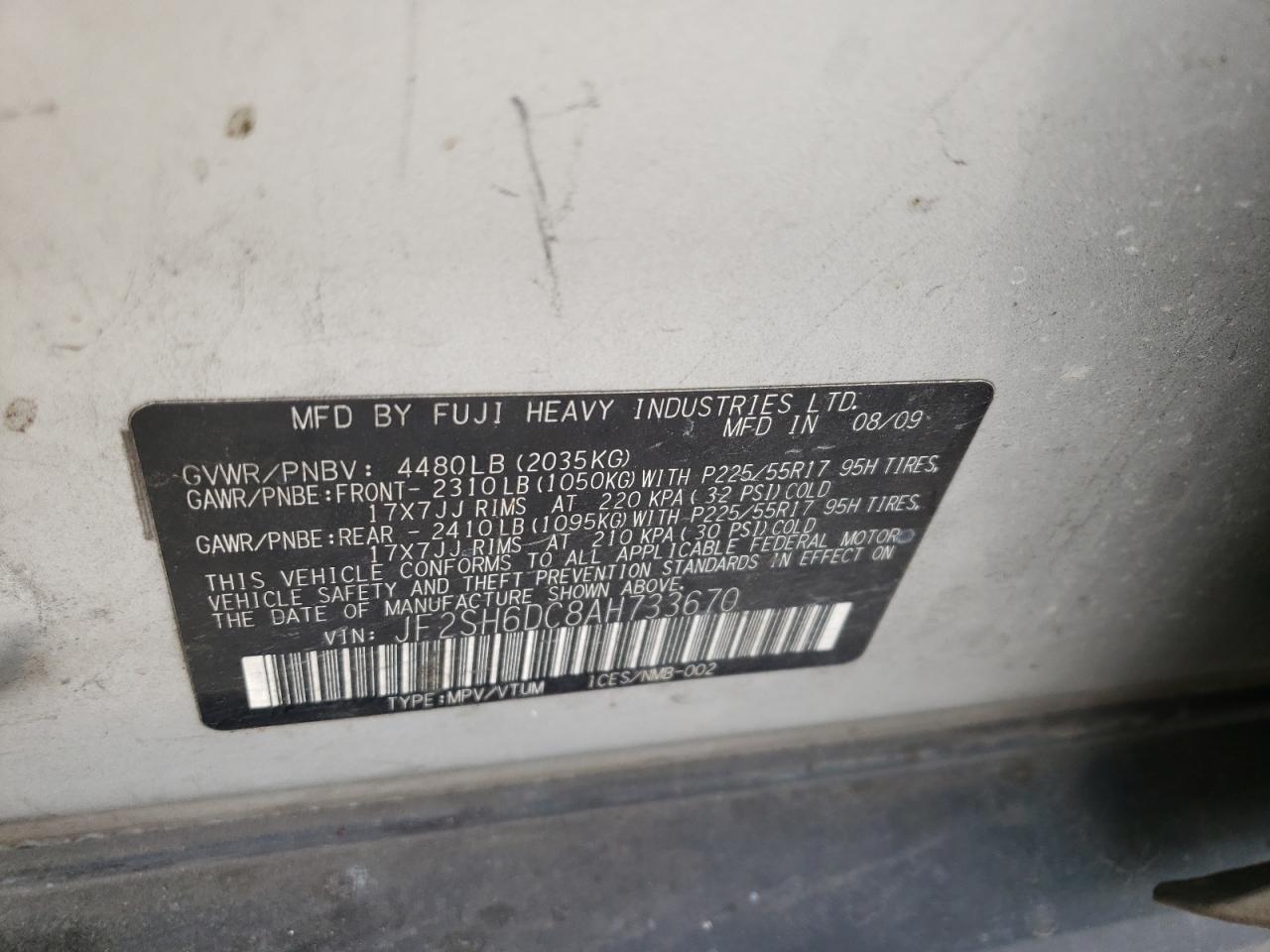 Photo 10 from auction – 2010 SUBARU FORESTER 2 with VIN JF2SH6DC8AH733670