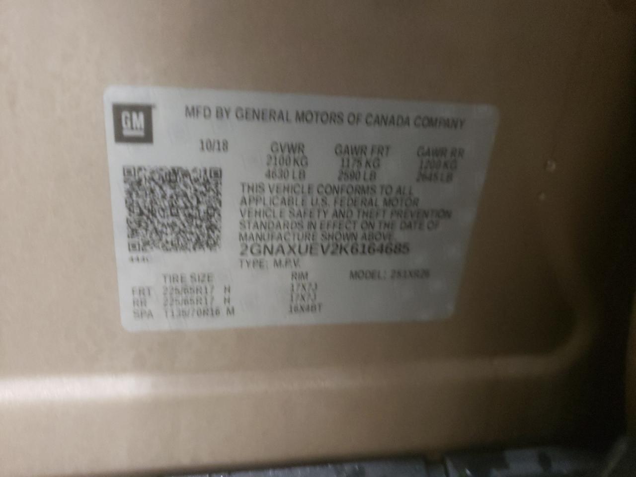 Photo 10 from auction – 2019 CHEVROLET EQUINOX LT with VIN 2GNAXUEV2K6164685