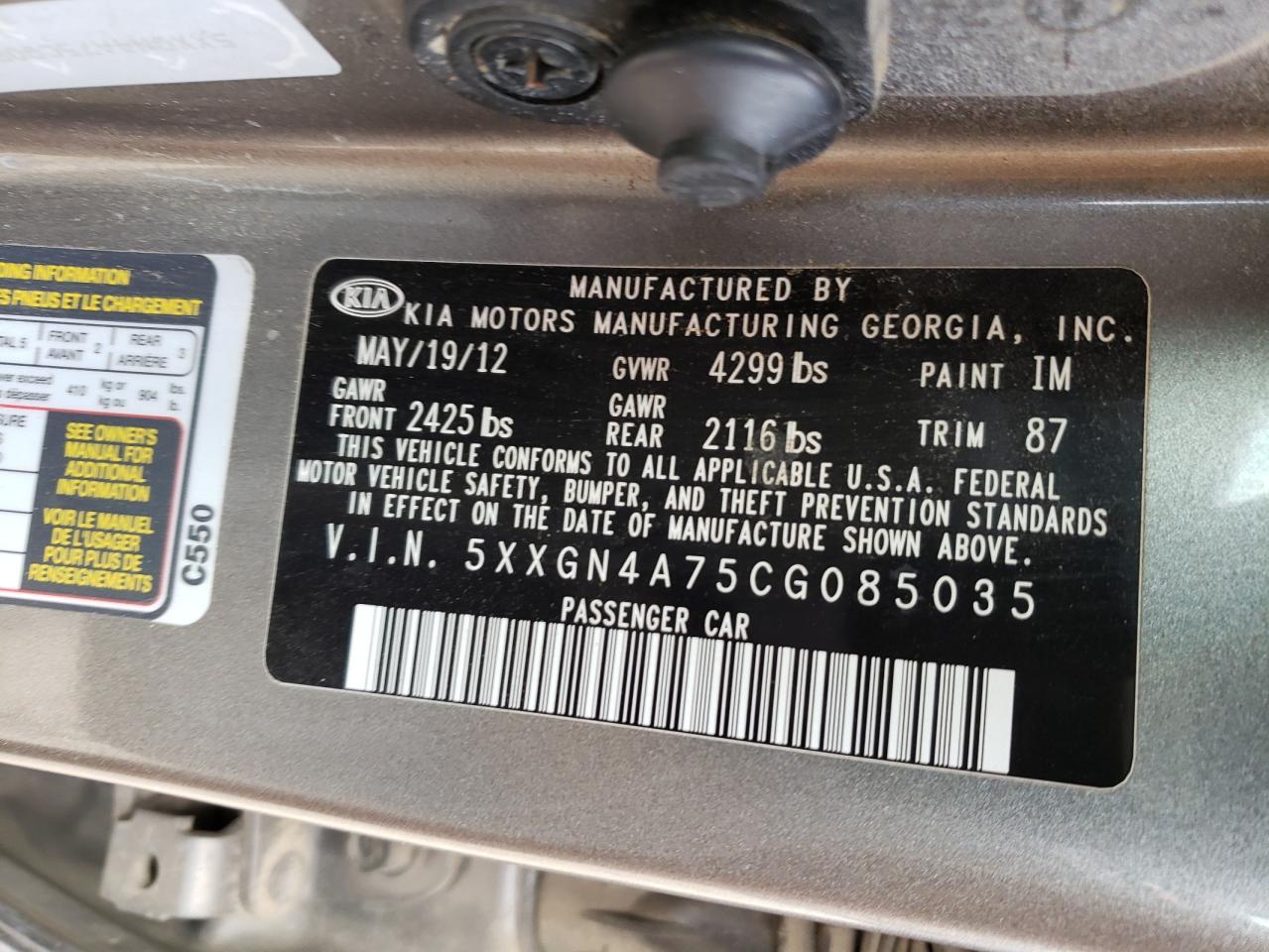 Photo 10 from auction – 2012 KIA OPTIMA EX with VIN 5XXGN4A75CG085035