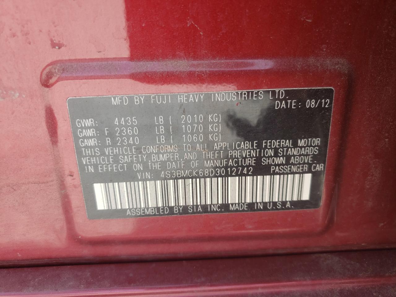 Photo 10 from auction – 2013 SUBARU LEGACY 2.5 with VIN 4S3BMCK68D3012742
