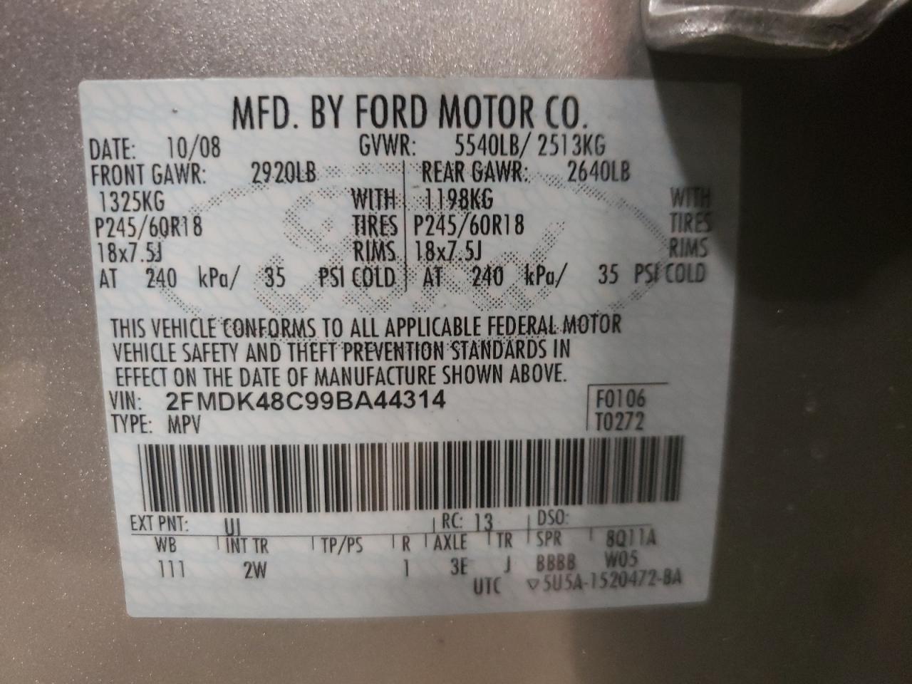 Photo 10 from auction – 2009 FORD EDGE SEL with VIN 2FMDK48C99BA44314