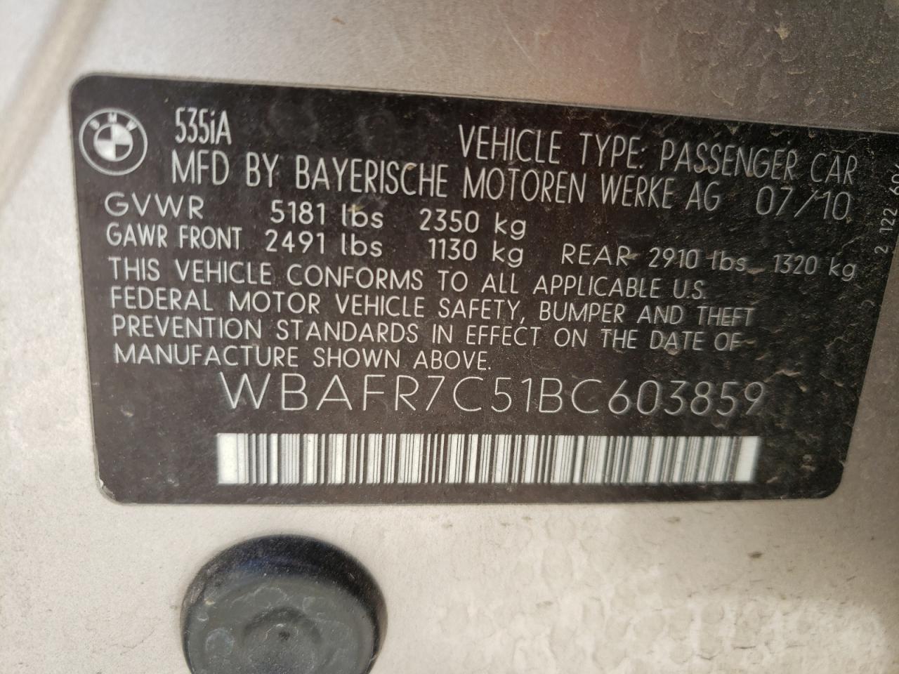 Photo 10 from auction – 2011 BMW 535 I with VIN WBAFR7C51BC603859