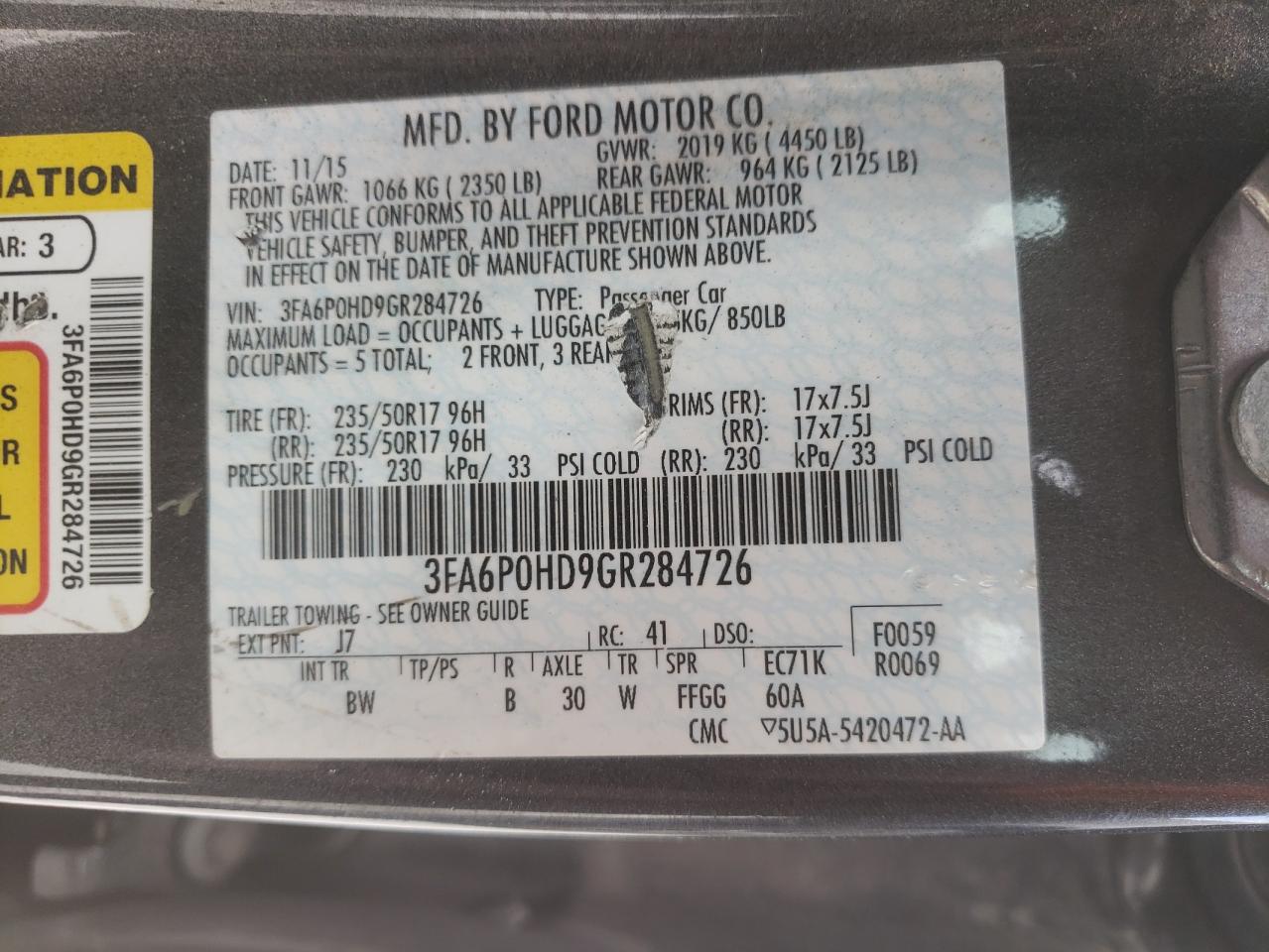 Photo 10 from auction – 2016 FORD FUSION SE with VIN 3FA6P0HD9GR284726