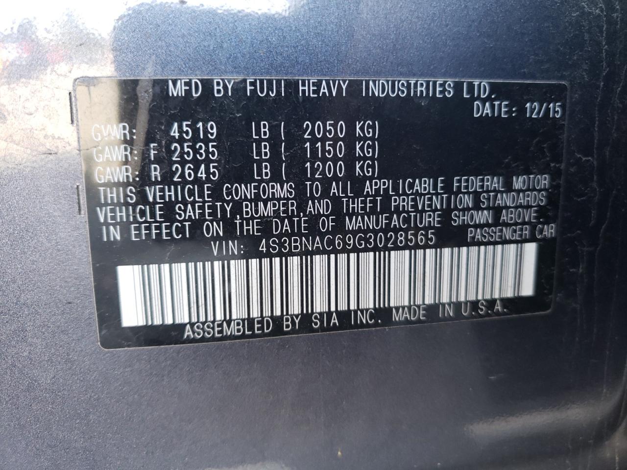 Photo 10 from auction – 2016 SUBARU LEGACY 2.5 with VIN 4S3BNAC69G3028565