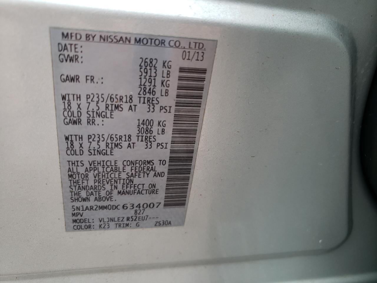 Photo 10 from auction – 2013 NISSAN PATHFINDER with VIN 5N1AR2MM0DC634007