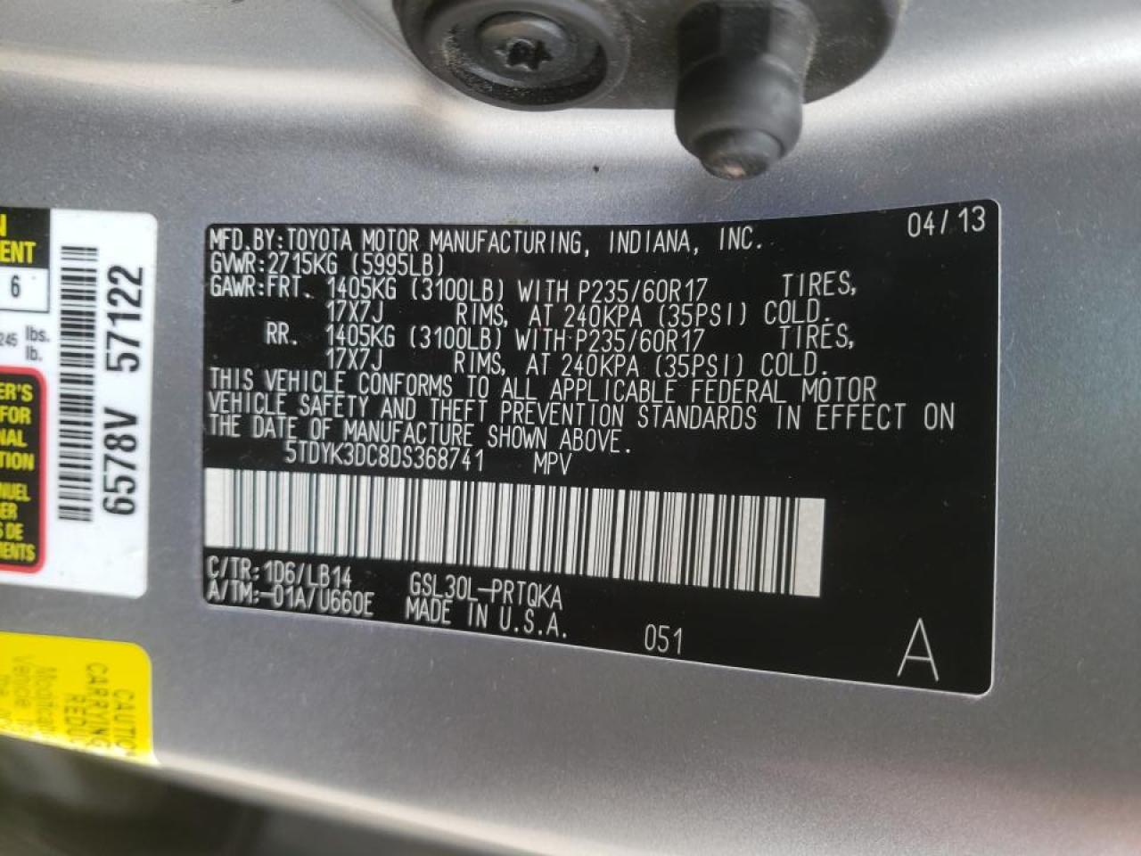 Photo 20 from auction – 2013 TOYOTA SIENNA XLE with VIN 5TDYK3DC8DS368741