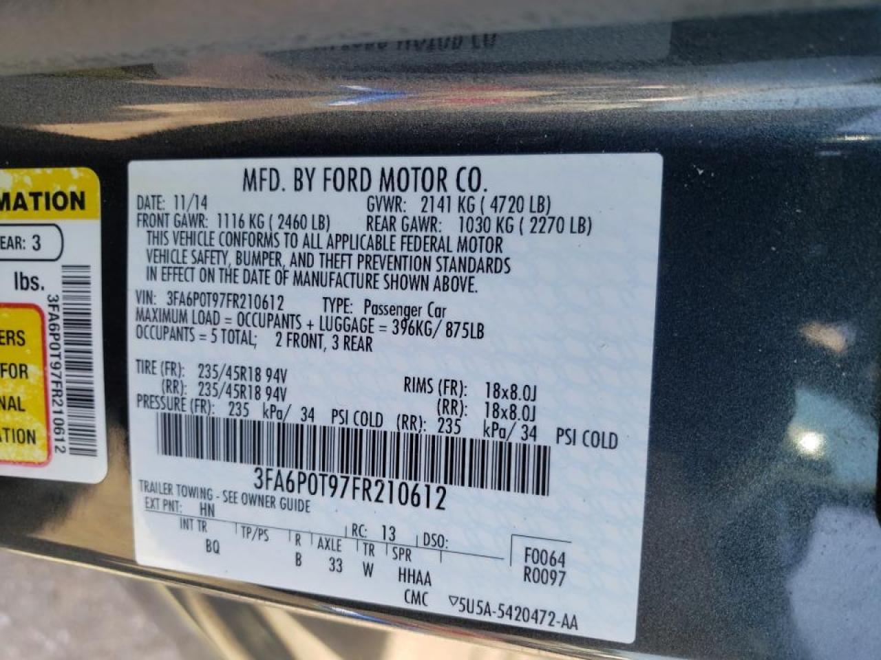 Photo 10 from auction – 2015 FORD FUSION SE with VIN 3FA6P0T97FR210612