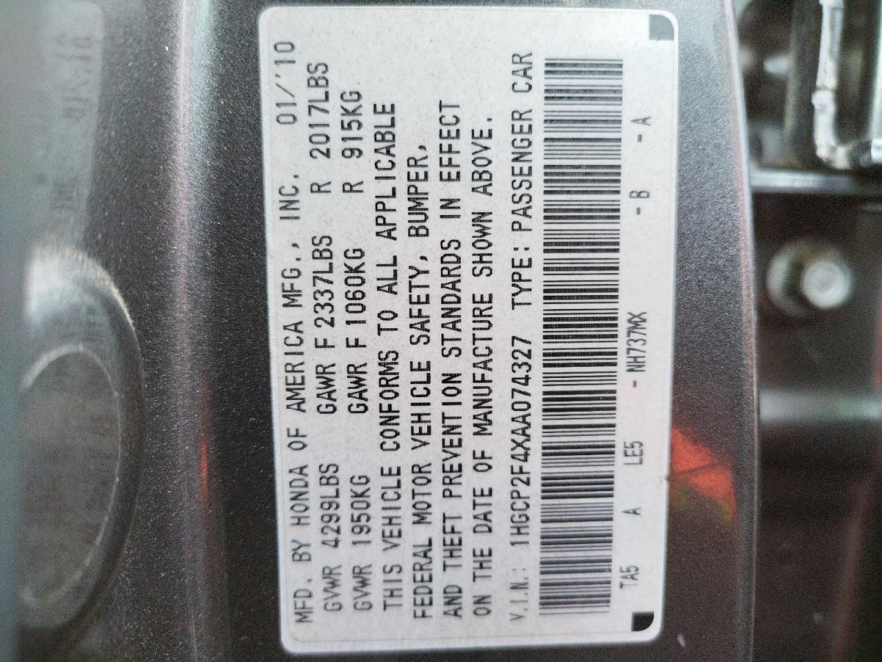 Photo 10 from auction – 2010 HONDA ACCORD LXP with VIN 1HGCP2F4XAA074327