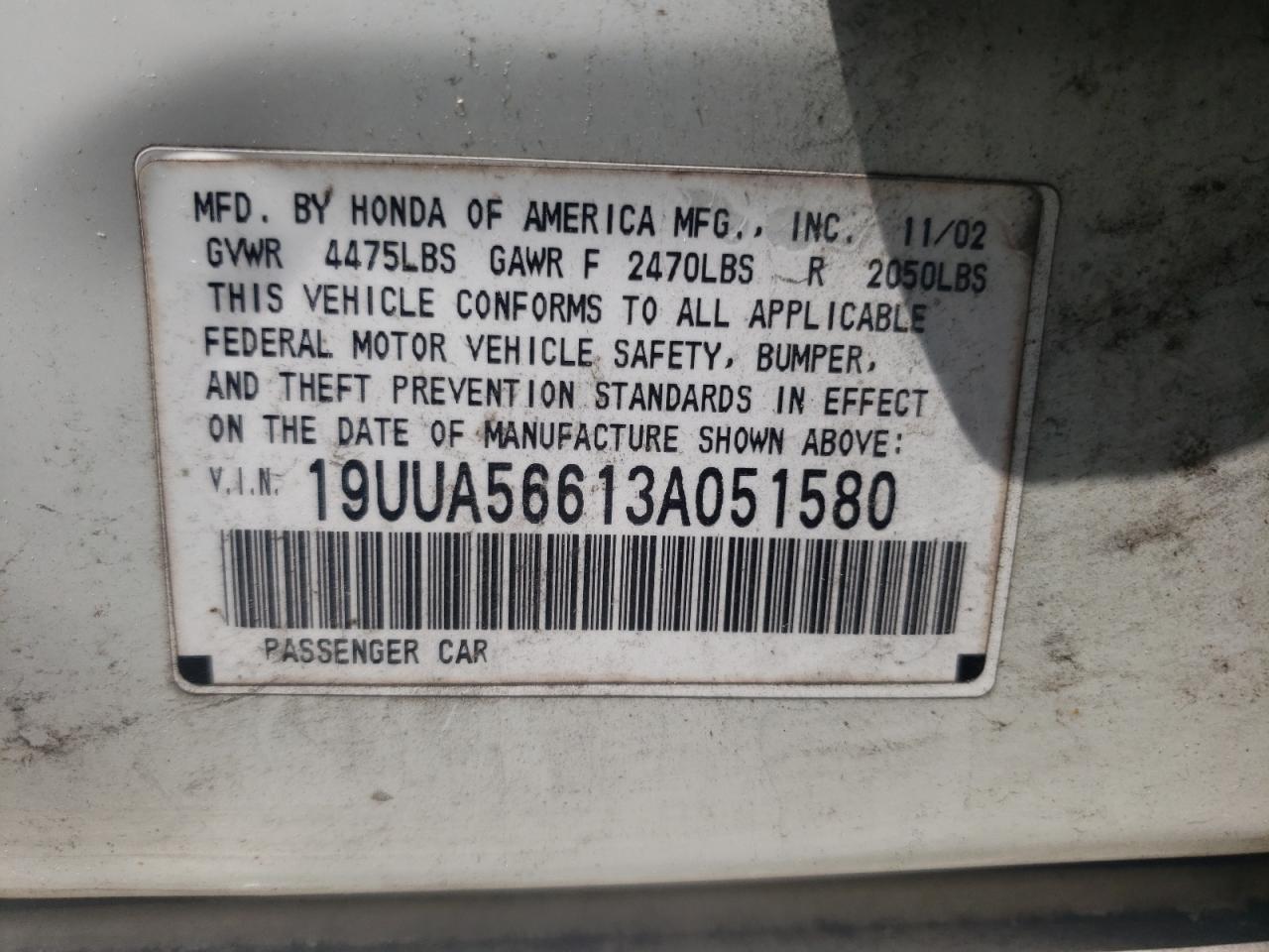 Photo 10 from auction – 2003 ACURA 3.2TL with VIN 19UUA56613A051580