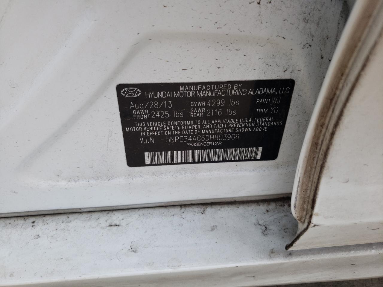 Photo 10 from auction – 2013 HYUNDAI SONATA GLS with VIN 5NPEB4AC6DH803906