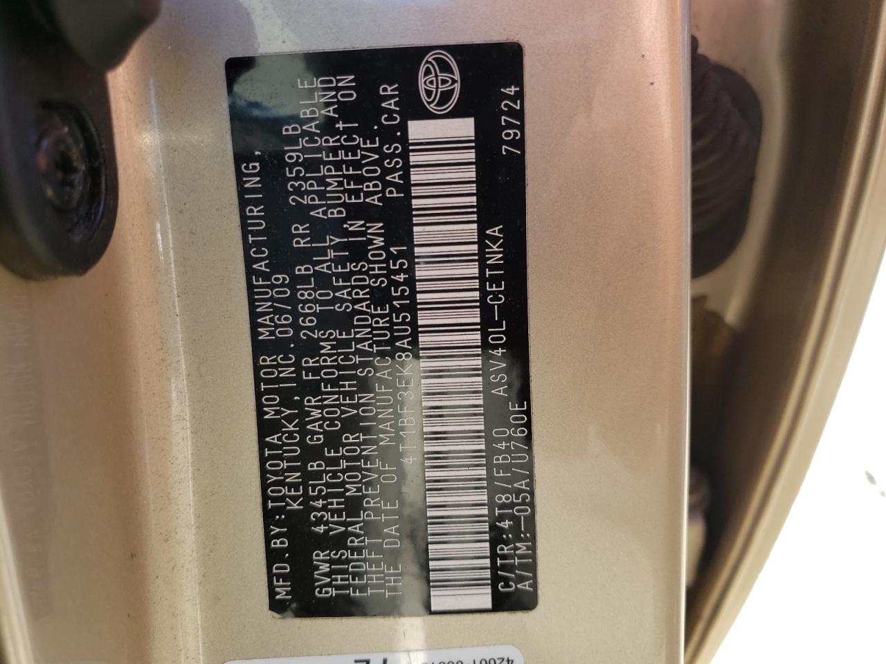 Photo 10 from auction – 2010 TOYOTA CAMRY BASE with VIN 4T1BF3EK8AU515451