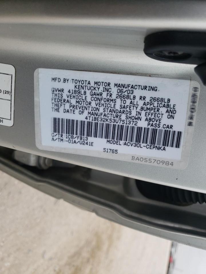 Photo 10 from auction – 2003 TOYOTA CAMRY LE with VIN 4T1BE32K53U751372