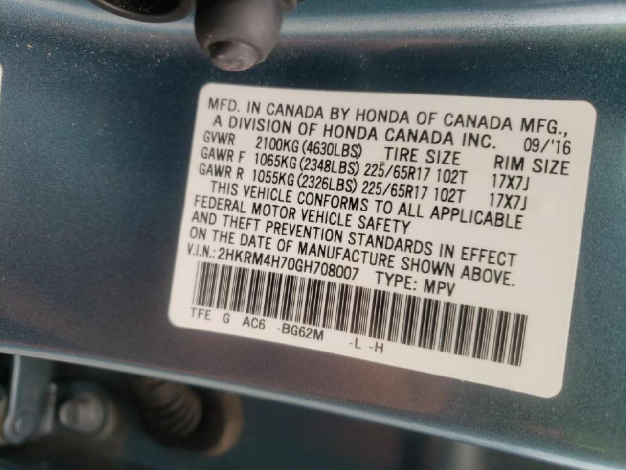 Photo 10 from auction – 2016 HONDA CR-V EXL with VIN 2HKRM4H70GH708007