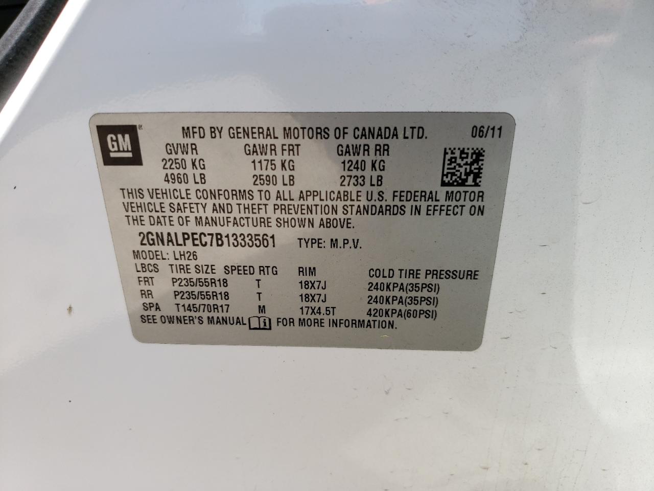 Photo 10 from auction – 2011 CHEVROLET EQUINOX LT with VIN 2GNALPEC7B1333561