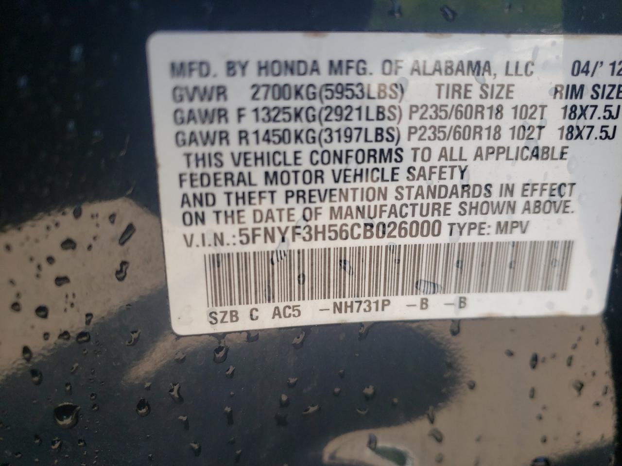 Photo 10 from auction – 2012 HONDA PILOT EXL with VIN 5FNYF3H56CB026000