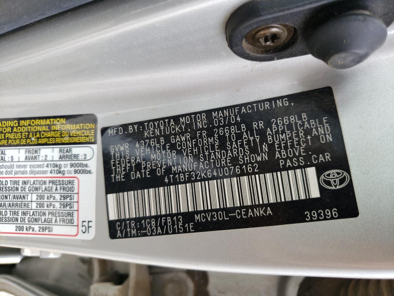 Photo 10 from auction – 2004 TOYOTA CAMRY LE with VIN 4T1BF32K64U076162