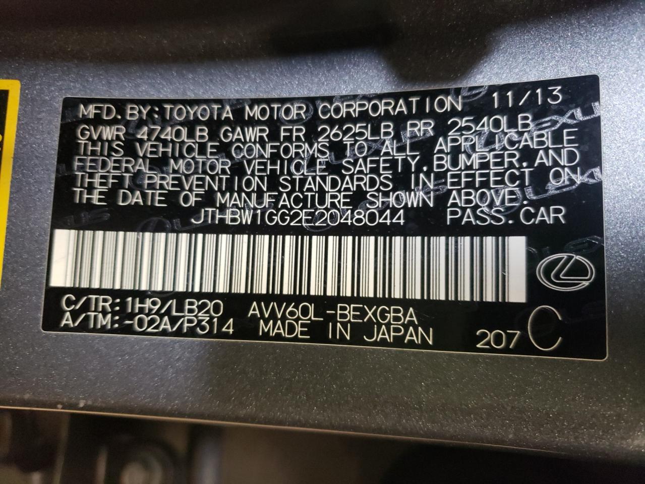 Photo 10 from auction – 2014 LEXUS ES 300H with VIN JTHBW1GG2E2048044