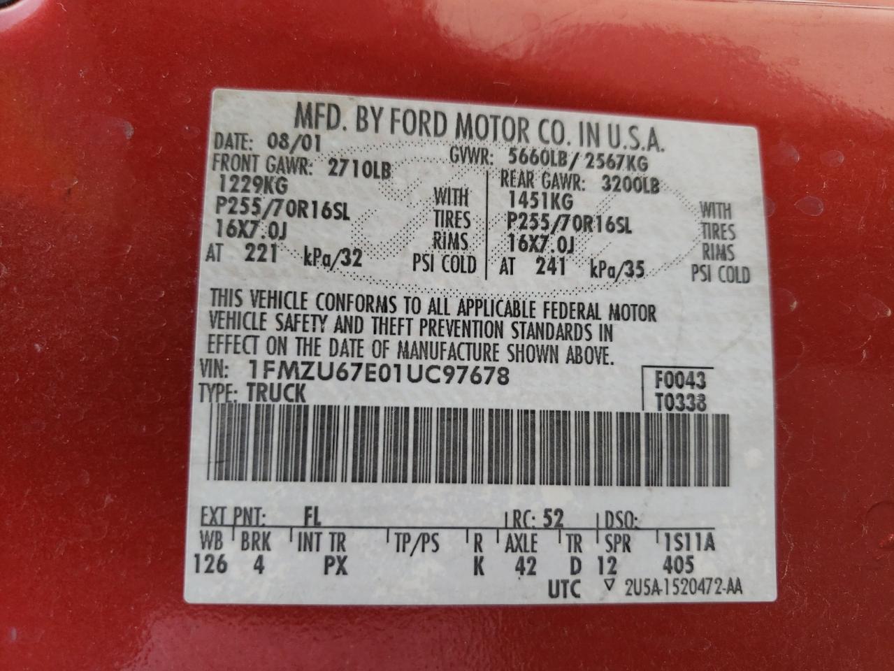 Photo 10 from auction – 2001 FORD EXPLORER S with VIN 1FMZU67E01UC97678