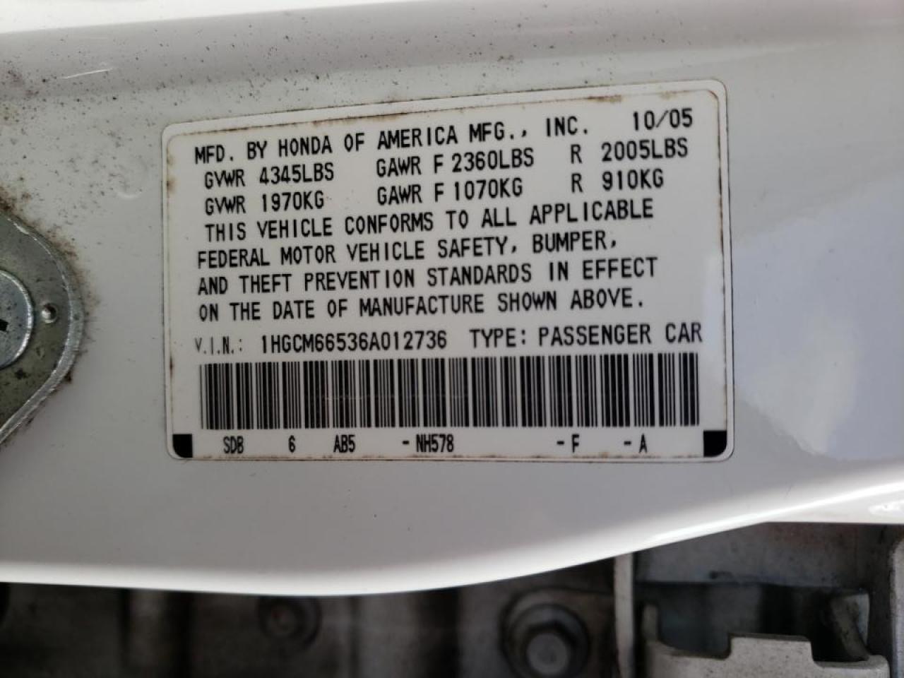 Photo 10 from auction – 2006 HONDA ACCORD EX with VIN 1HGCM66536A012736