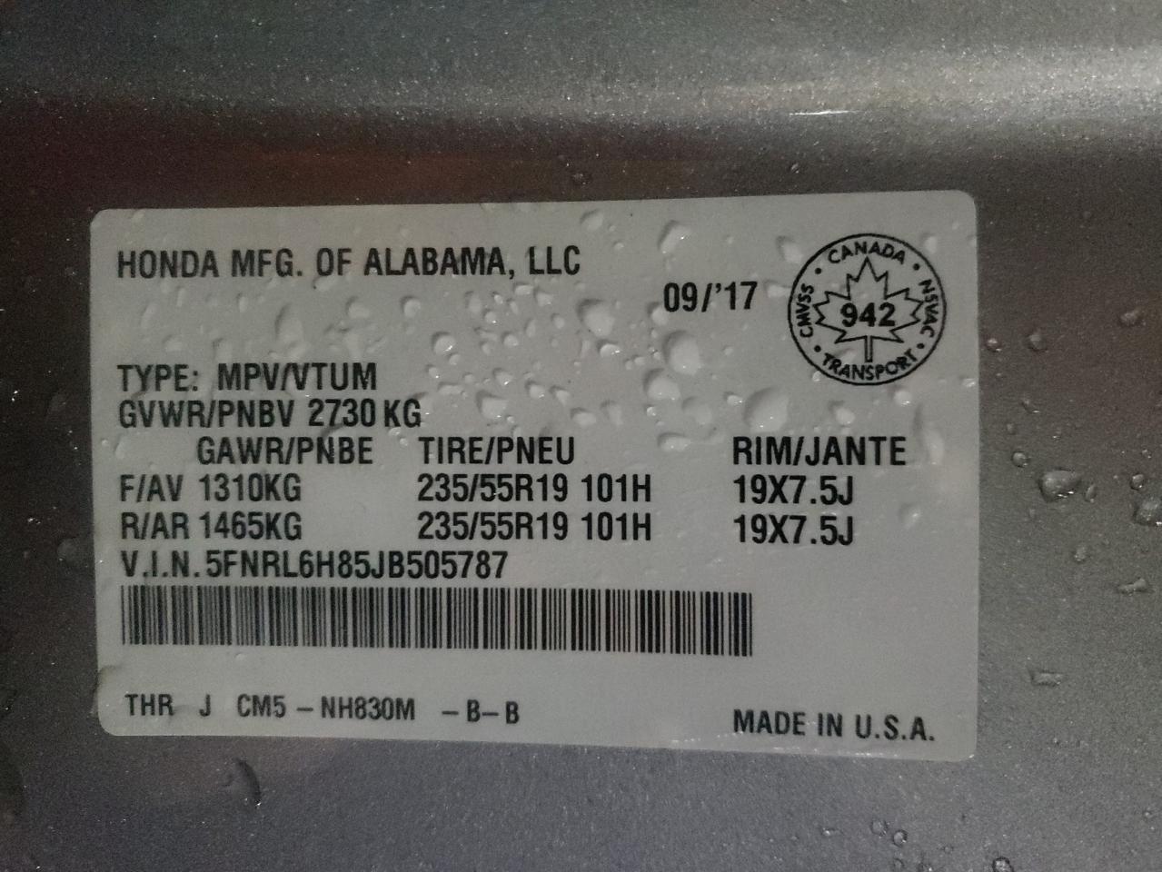 Photo 10 from auction – 2018 HONDA ODYSSEY with VIN 5FNRL6H58JB505787