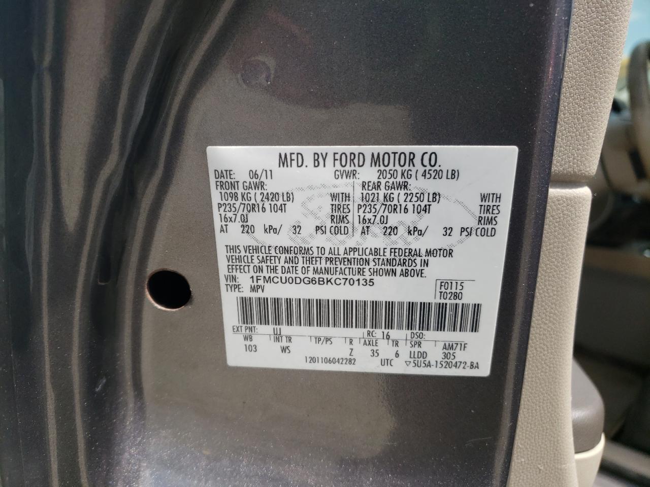 Photo 10 from auction – 2011 FORD ESCAPE XLT with VIN 1FMCU0DG6BKC70135
