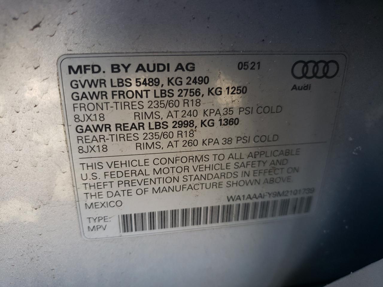 Photo 10 from auction – 2021 AUDI Q5 PREMIUM with VIN WA1AAAFY9M2101739