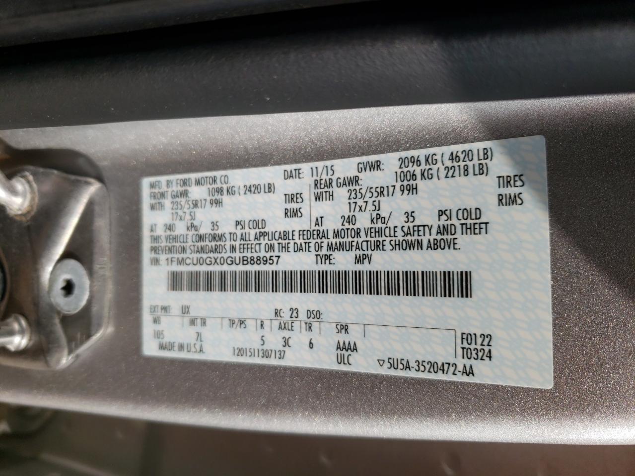 Photo 10 from auction – 2016 FORD ESCAPE SE with VIN 1FMCU0GX0GUB88957