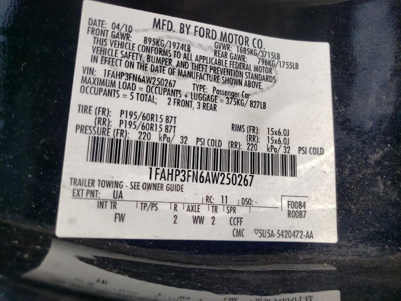 Photo 10 from auction – 2010 FORD FOCUS SE with VIN 1FAHP3FN6AW250267