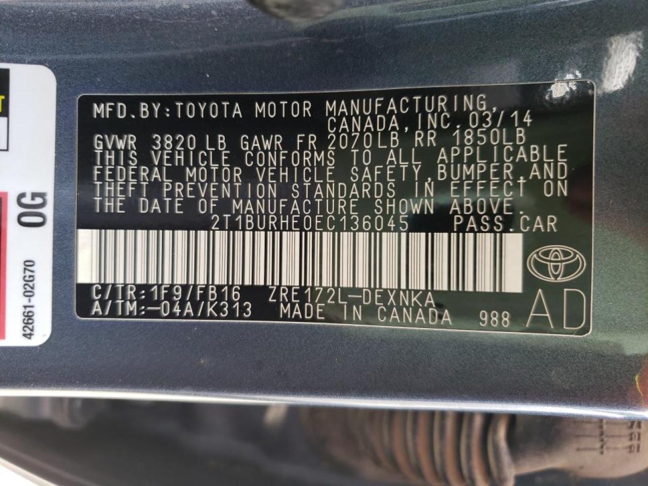 Photo 10 from auction – 2014 TOYOTA COROLLA L with VIN 2T1BURHE0EC136045