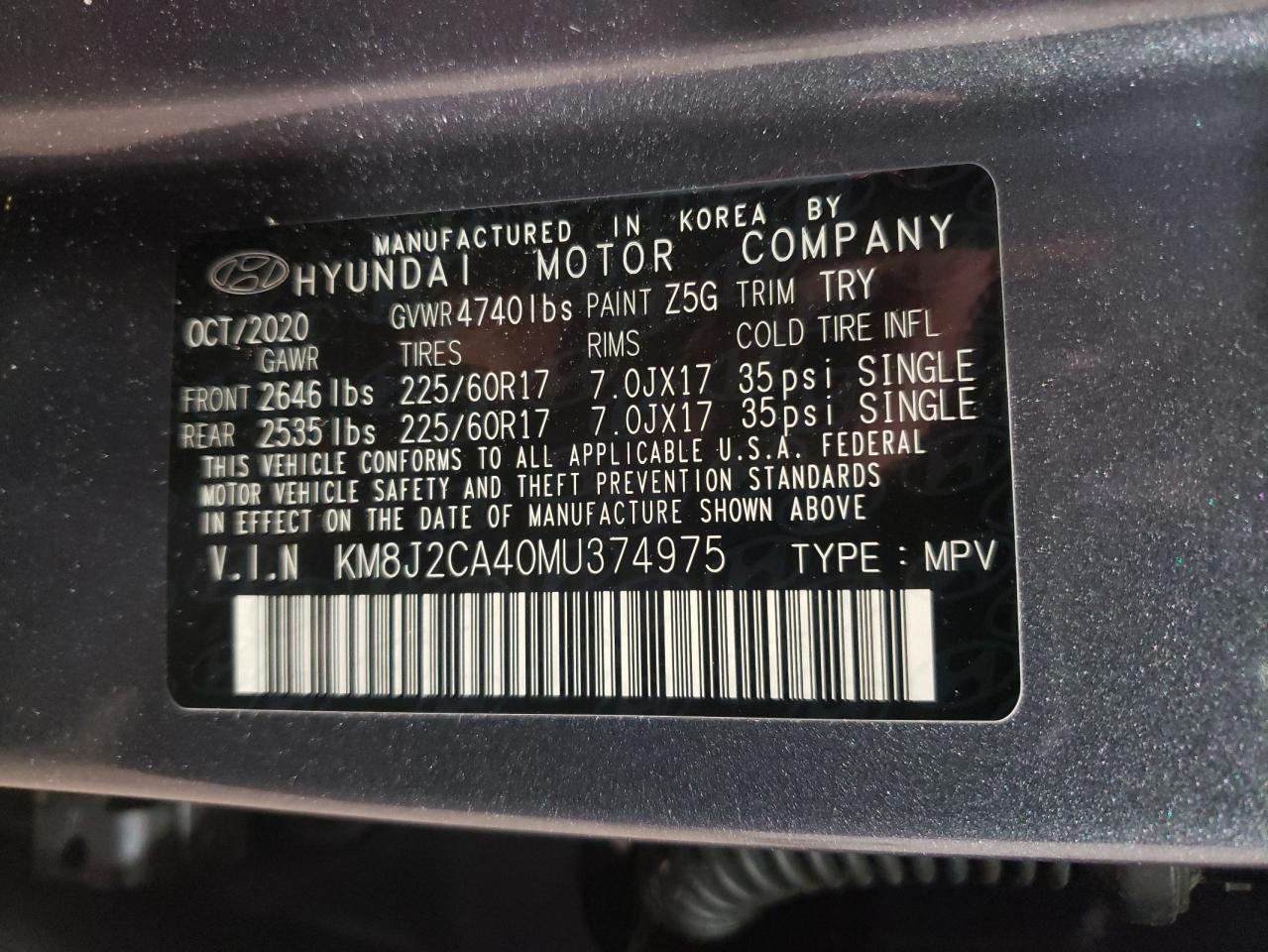 Photo 10 from auction – 2021 HYUNDAI TUCSON SE with VIN KM8J2CA40MU374975