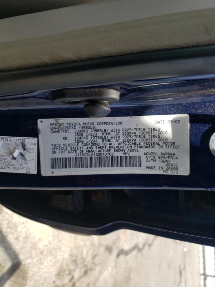 Photo 10 from auction – 2002 TOYOTA HIGHLANDER with VIN JTEGD21A420040702