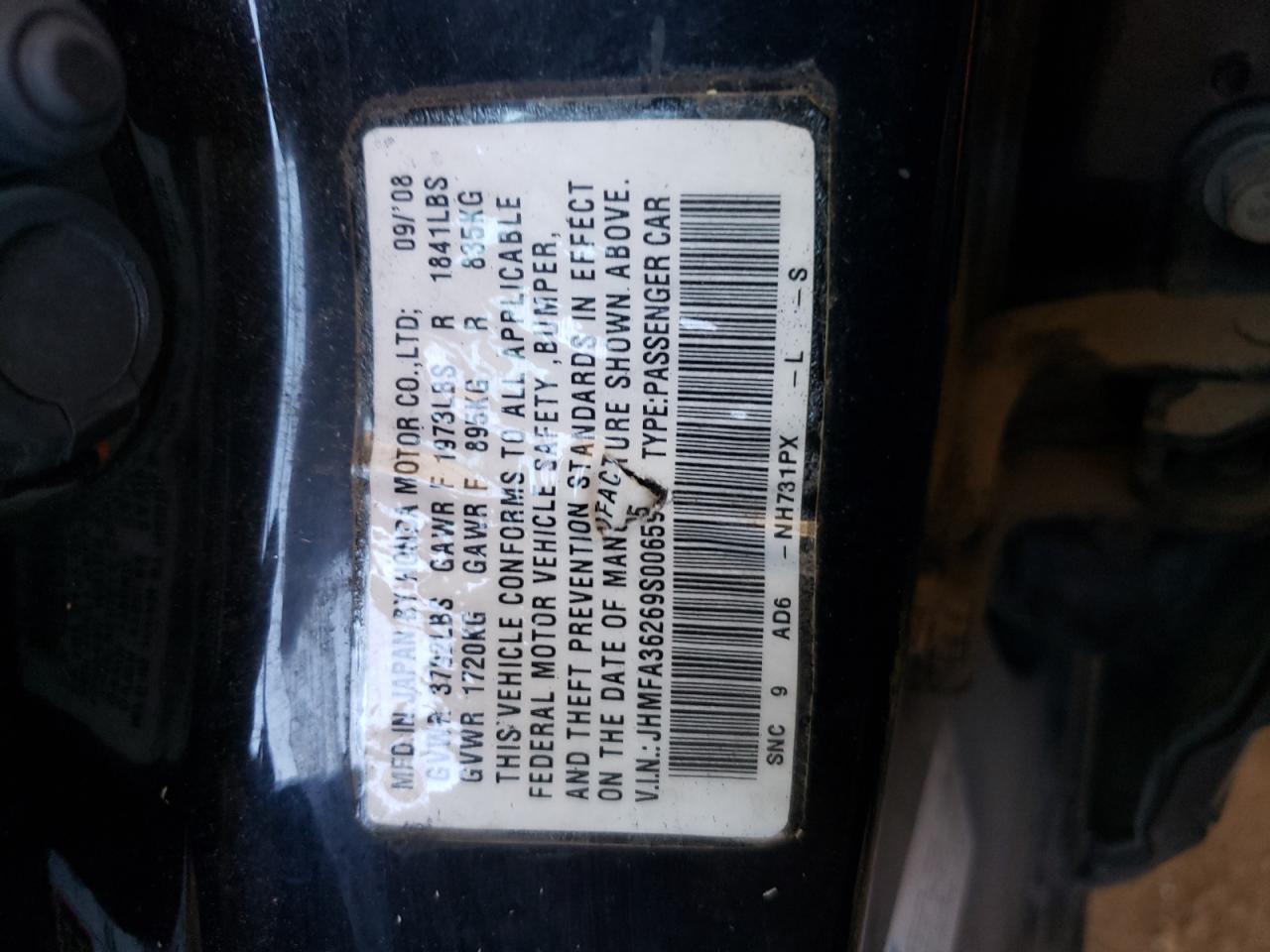 Photo 10 from auction – 2009 HONDA CIVIC HYBR with VIN JHMFA36269S006595