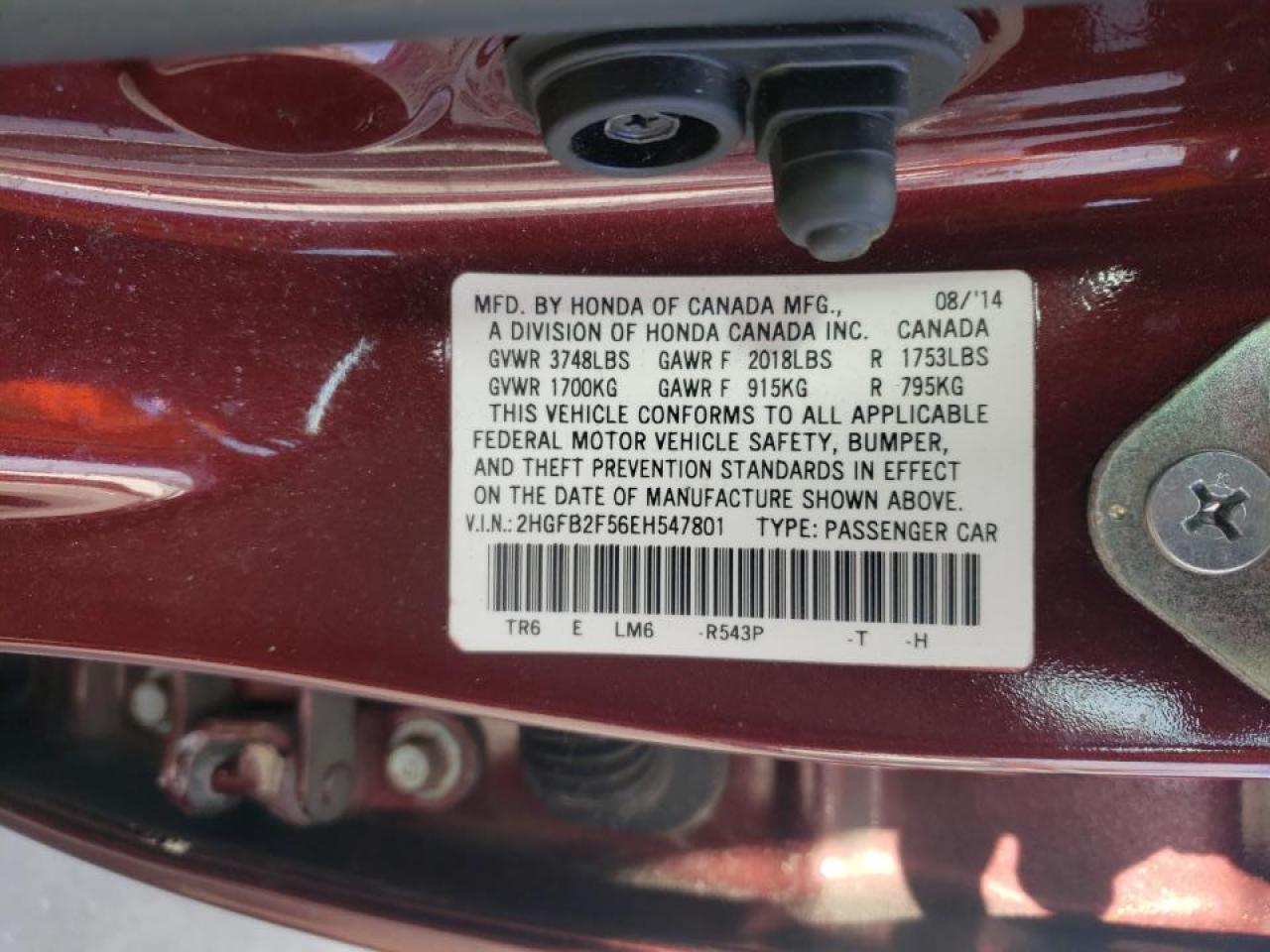 Photo 10 from auction – 2014 HONDA CIVIC LX with VIN 2HGFB2F56EH547801