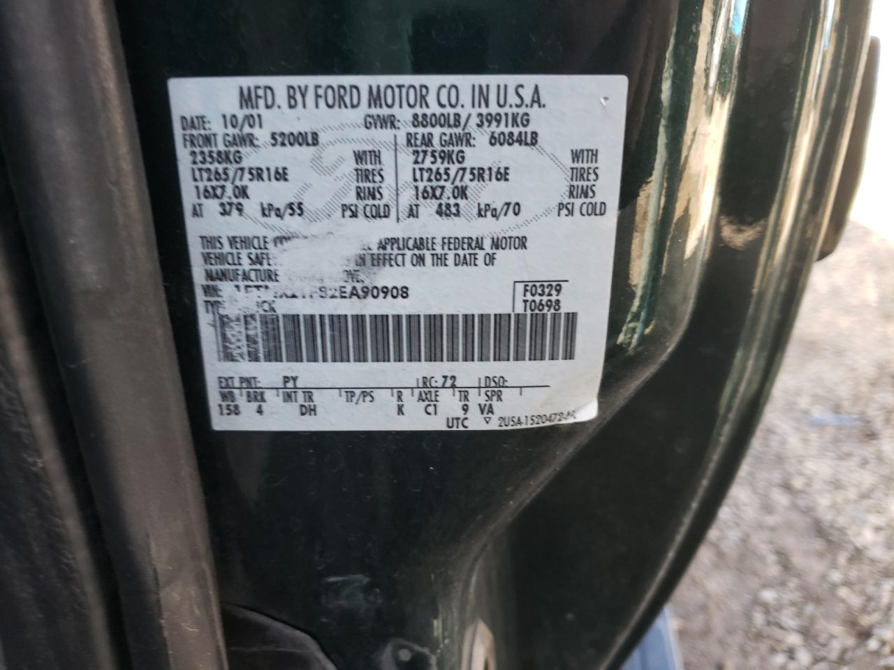 Photo 10 from auction – 2002 FORD F250 SUPER with VIN 1FTNX21F82EA90908