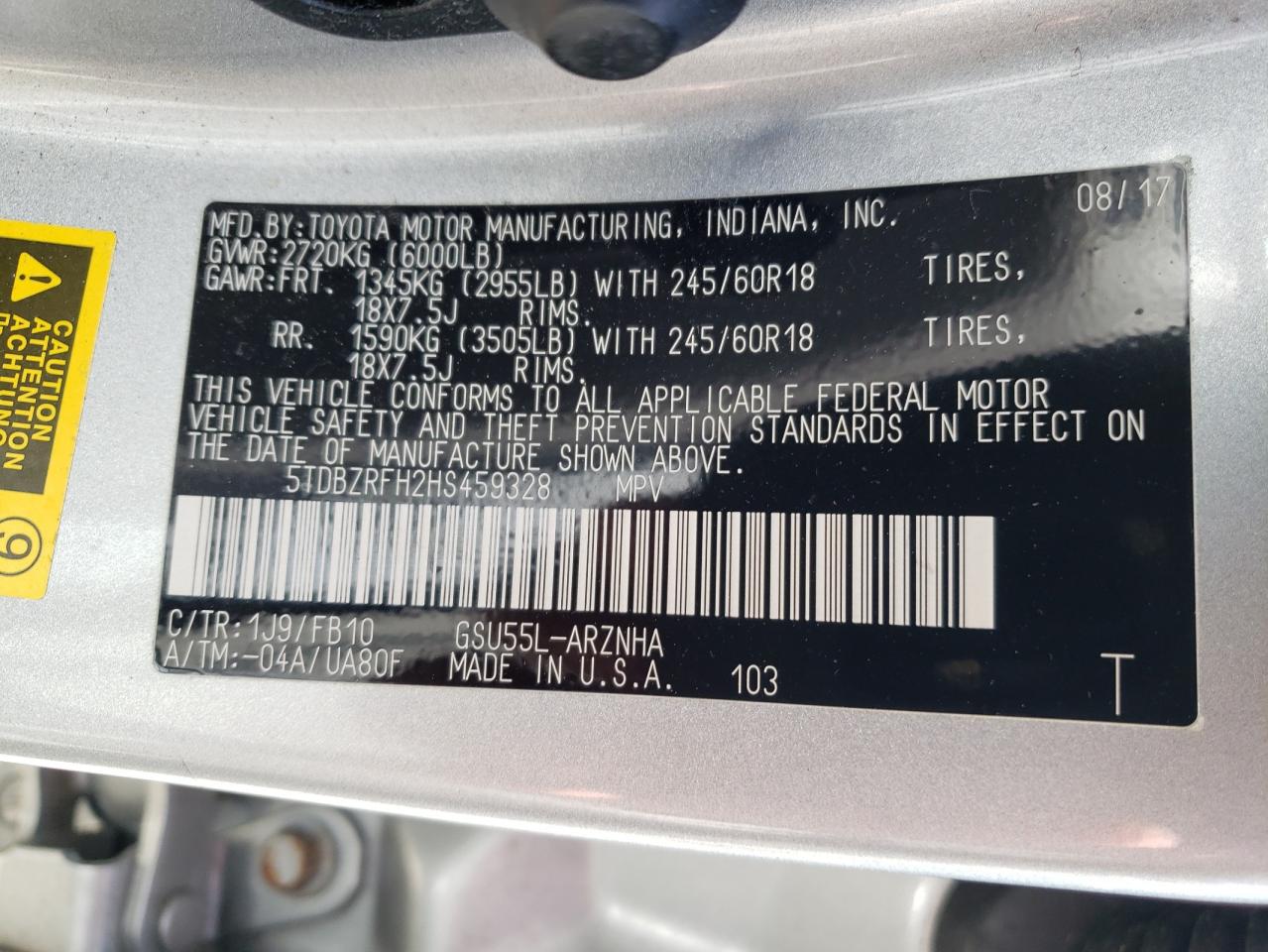 Photo 10 from auction – 2017 TOYOTA HIGHLANDER with VIN 5TDBZRFH2HS459328