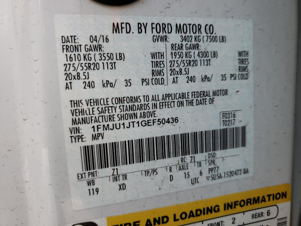 Photo 10 from auction – 2016 FORD EXPEDITION with VIN 1FMJU1JT1GEF50436