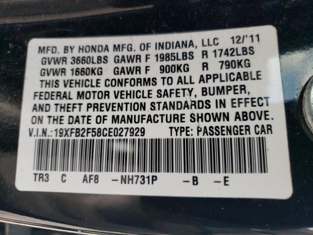 Photo 10 from auction – 2012 HONDA CIVIC with VIN 19XFB2F58CE027929