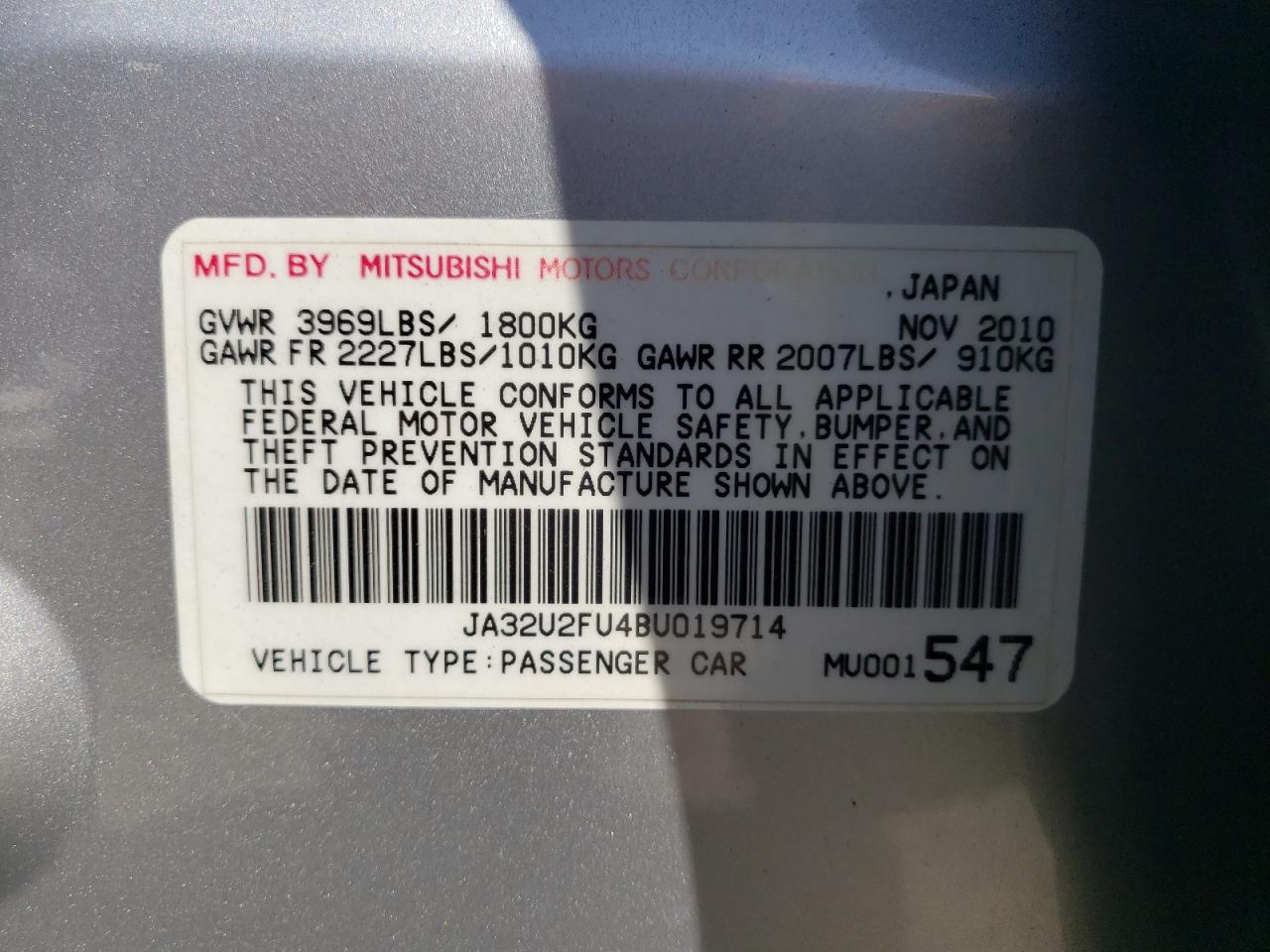 Photo 10 from auction – 2011 MITSUBISHI LANCER ES/ with VIN JA32U2FU4BU019714