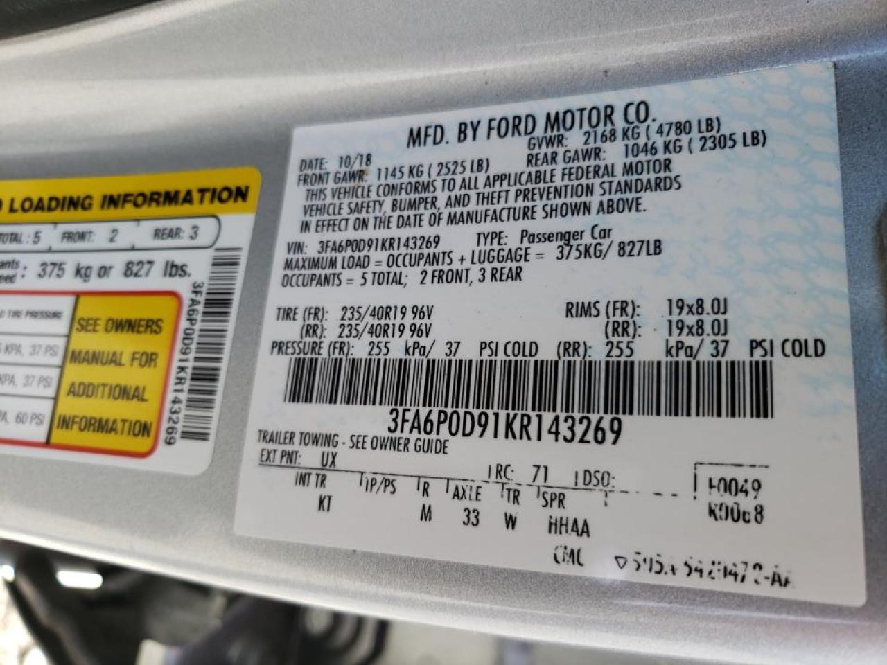 Photo 10 from auction – 2019 FORD FUSION TIT with VIN 3FA6P0D91KR143269