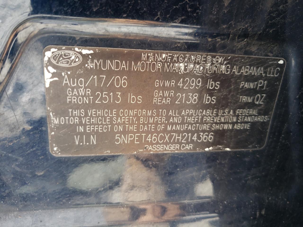 Photo 10 from auction – 2007 HYUNDAI SONATA GLS with VIN 5NPET46CX7H214366