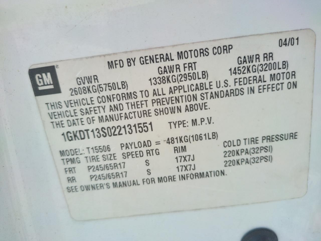 Photo 10 from auction – 2002 GMC ENVOY with VIN 1GKDT13S022131551