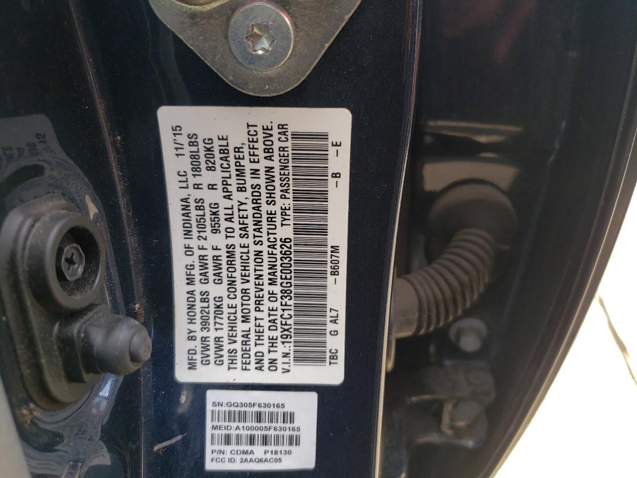 Photo 10 from auction – 2016 HONDA CIVIC EX with VIN 19XFC1F38GE003626