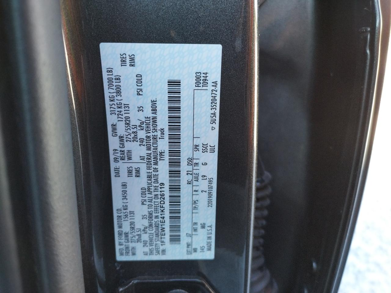 Photo 10 from auction – 2019 FORD F150 SUPER with VIN 1FTEW1E41KFD26119