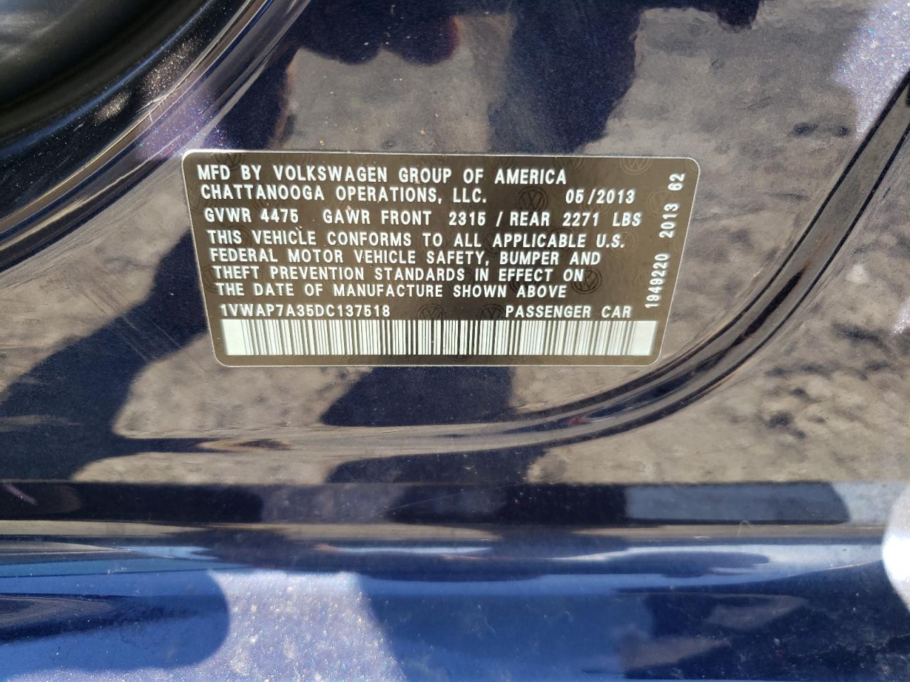 Photo 10 from auction – 2013 VOLKSWAGEN PASSAT S with VIN 1VWAP7A35DC137518