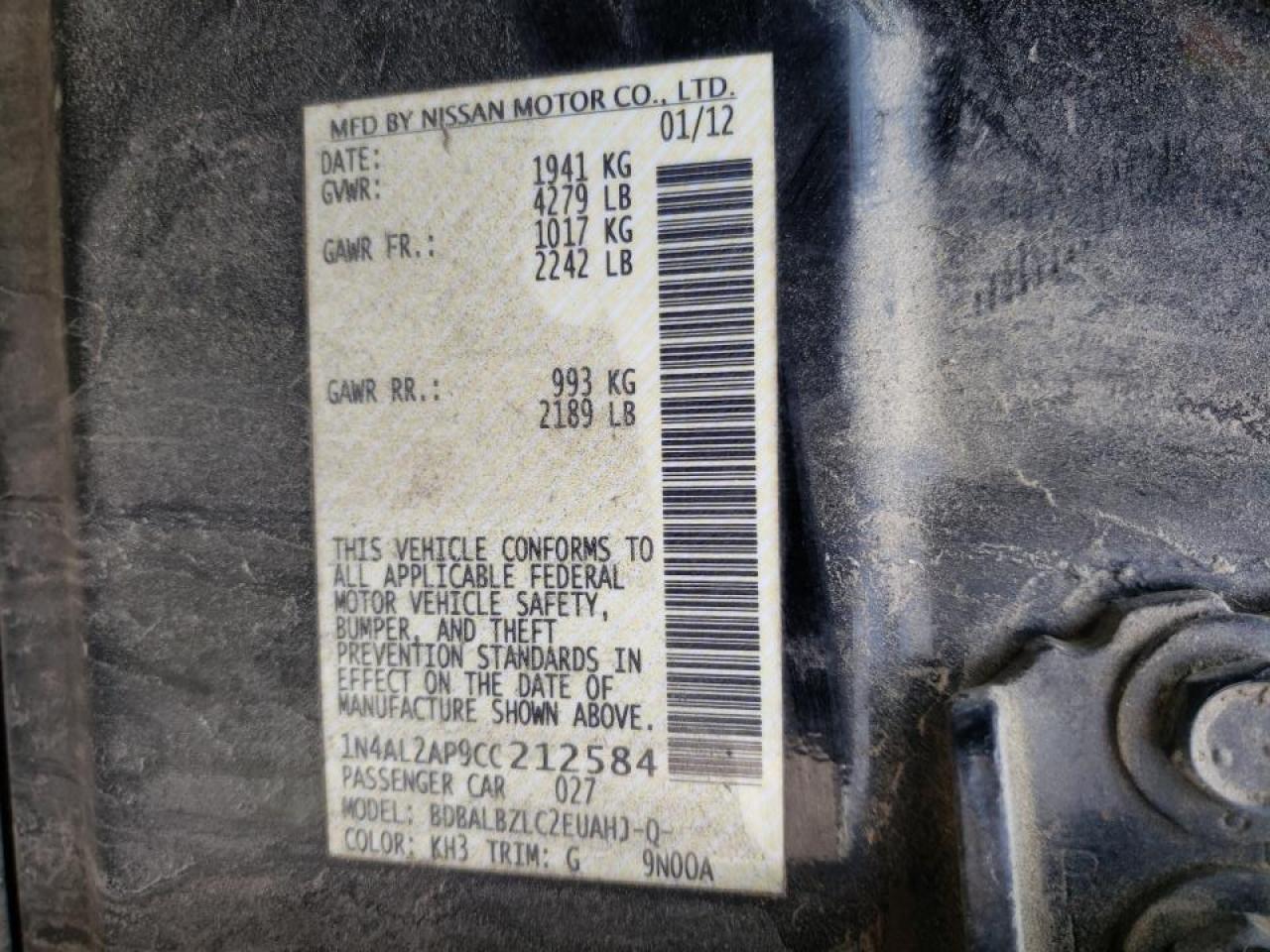 Photo 10 from auction – 2012 NISSAN ALTIMA BAS with VIN 1N4AL2AP9CC212584