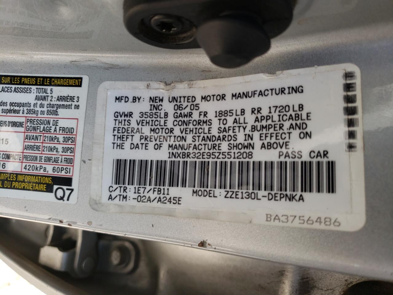 Photo 10 from auction – 2005 TOYOTA COROLLA CE with VIN 1NXBR32E95Z551208