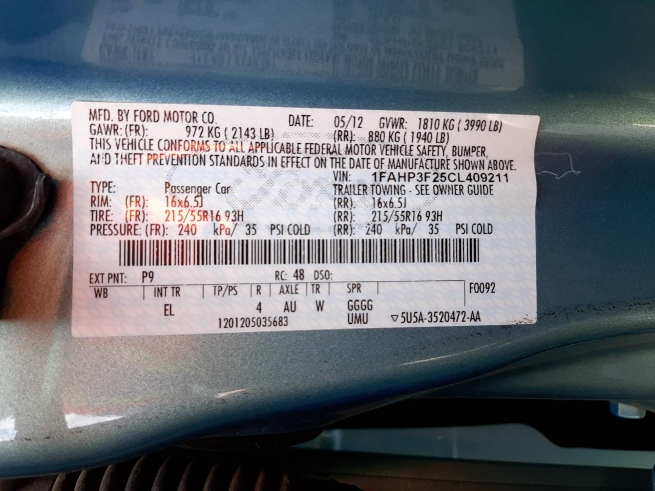 Photo 10 from auction – 2012 FORD FOCUS SE with VIN 1FAHP3F25CL409211